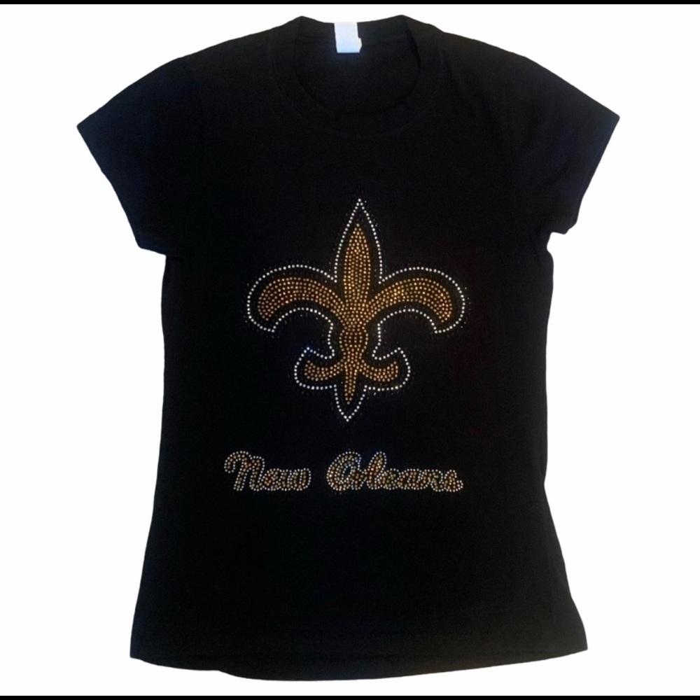 New Orleans Saints Embellished Shirt Girls L = Women’s XS Black with Bling